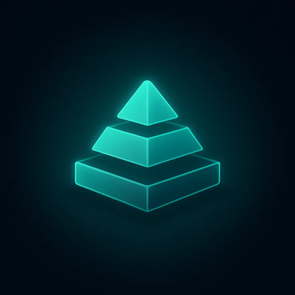 Glowing three-layer turquoise pyramid icon on a dark background, symbolizing structure or hierarchy.