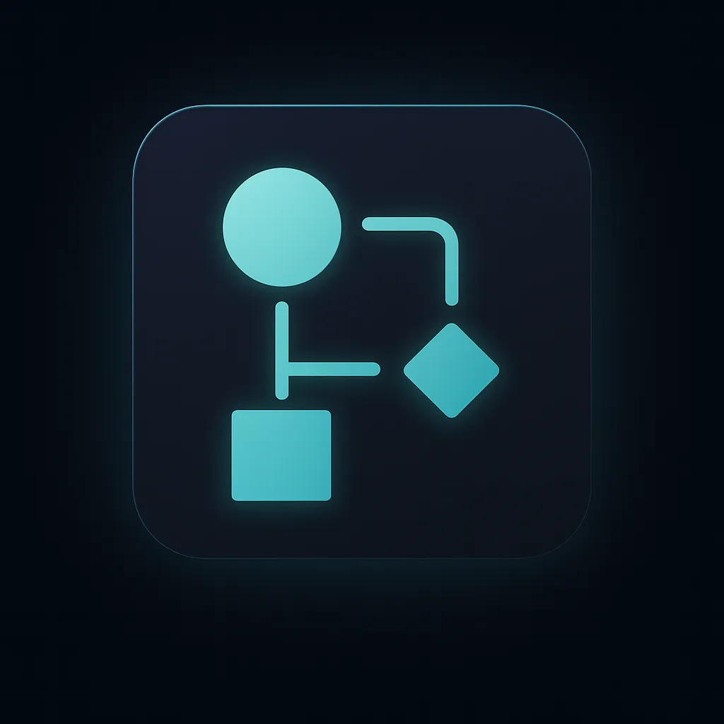 Turquoise icon showing a circle, square, and diamond connected by lines on a dark background, representing a workflow or process diagram.