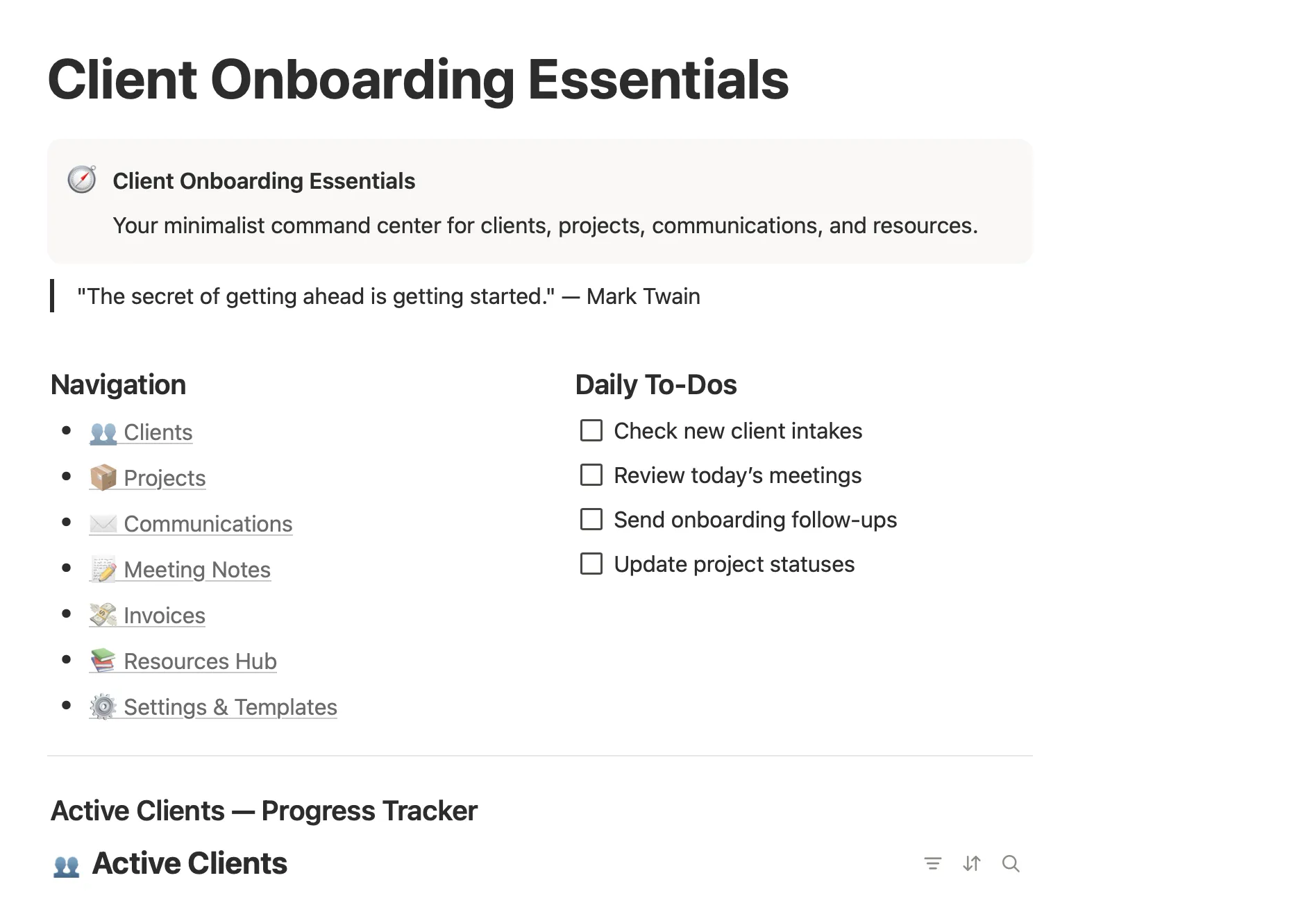 A Notion Dashboard for the Client Onboarding Essentials.