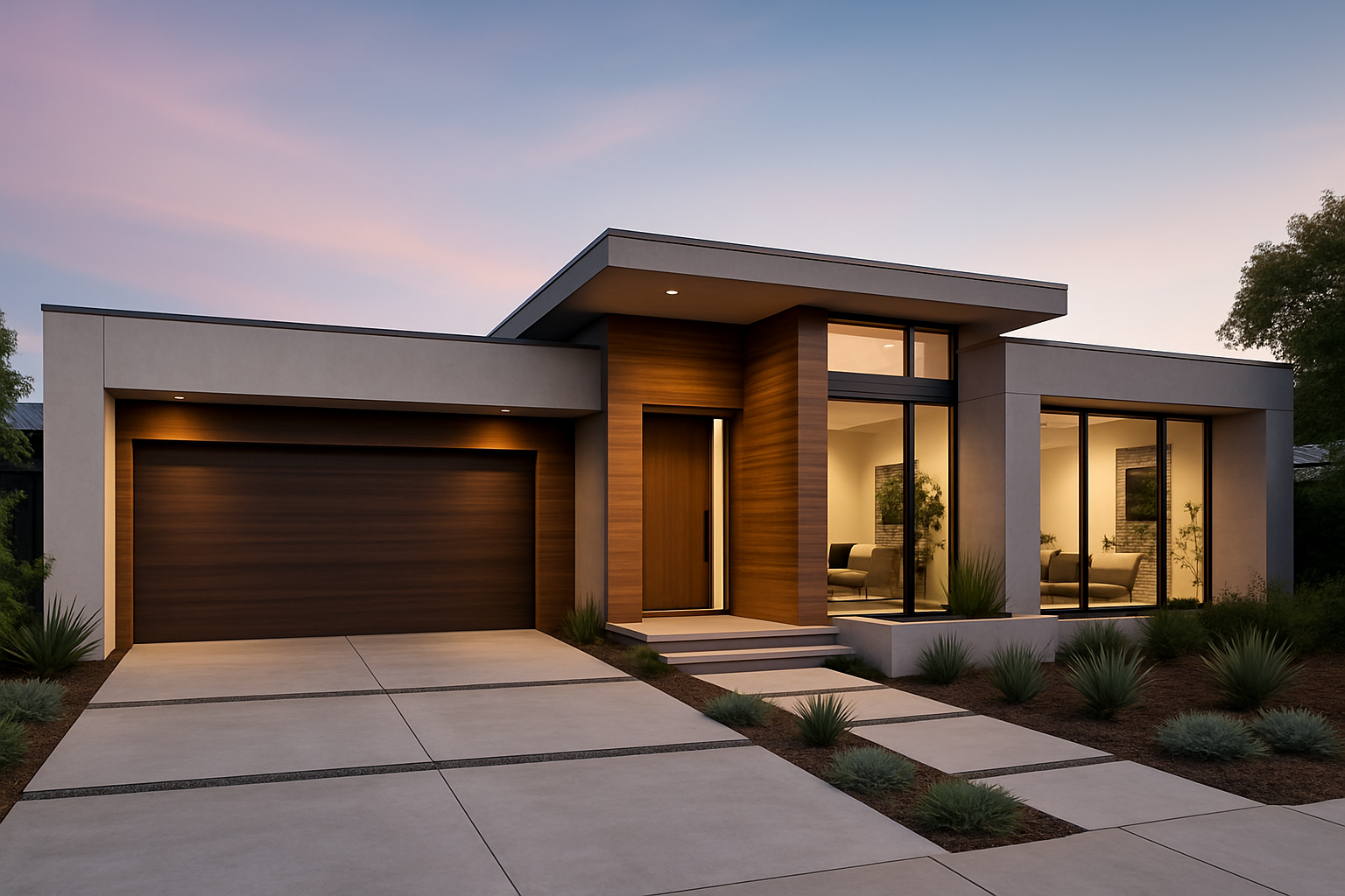 Modern home with raised facade paved footpath