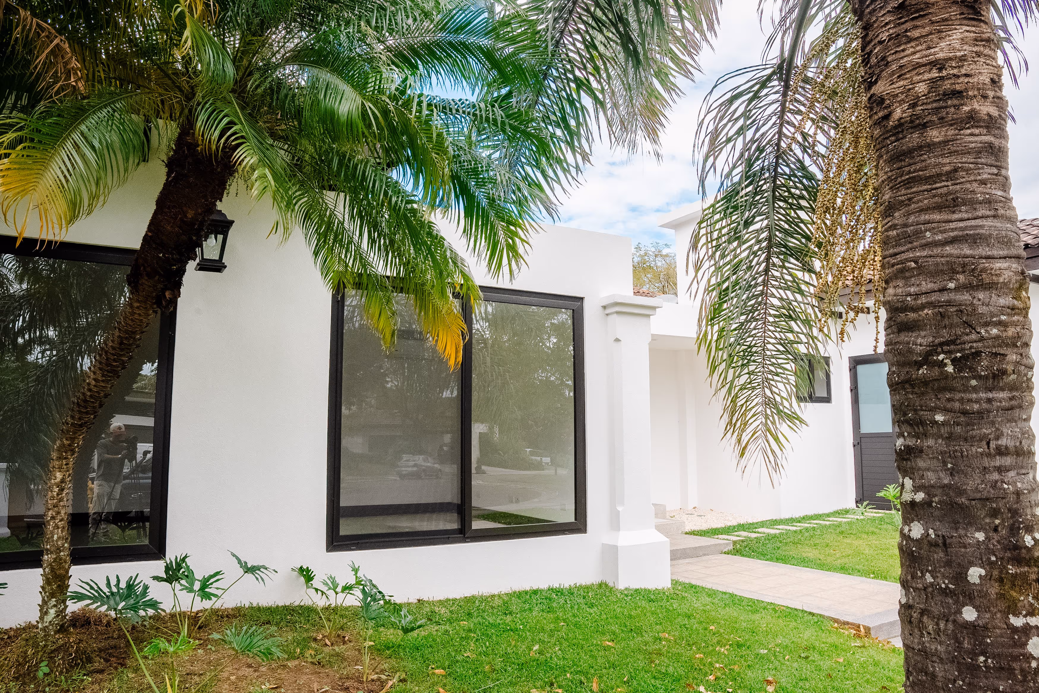 Fachada blanca de una casa moderna con grandes ventanas de PVC negro y palmeras en el jardín.