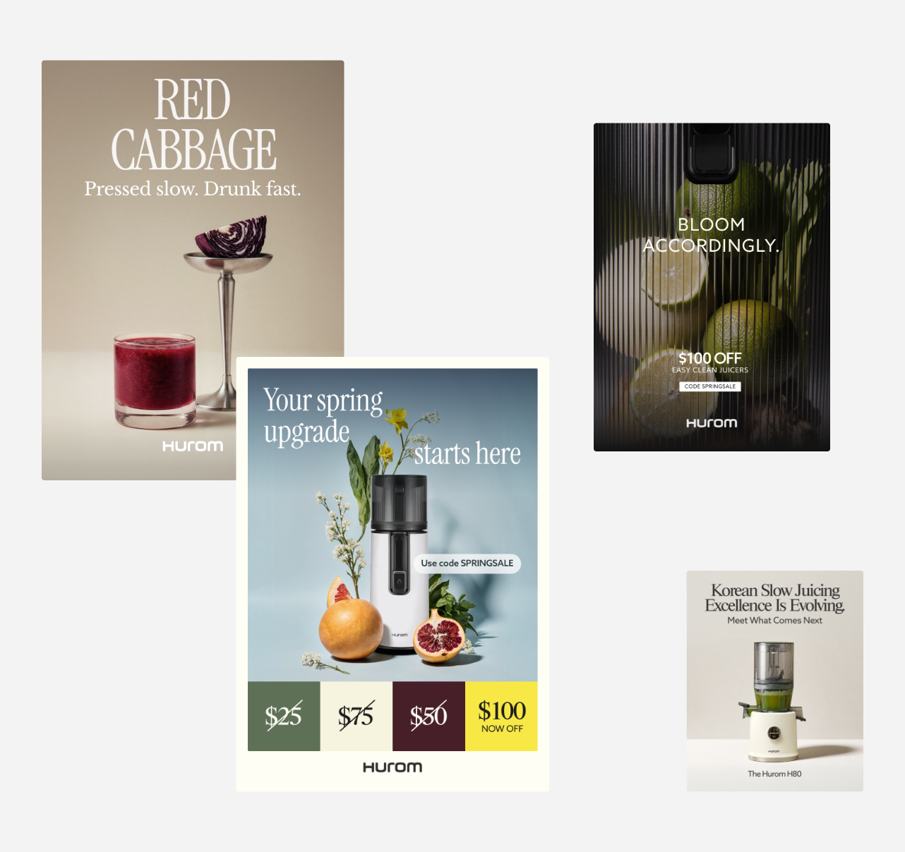 Collage of Hurom wellness brand campaign visuals