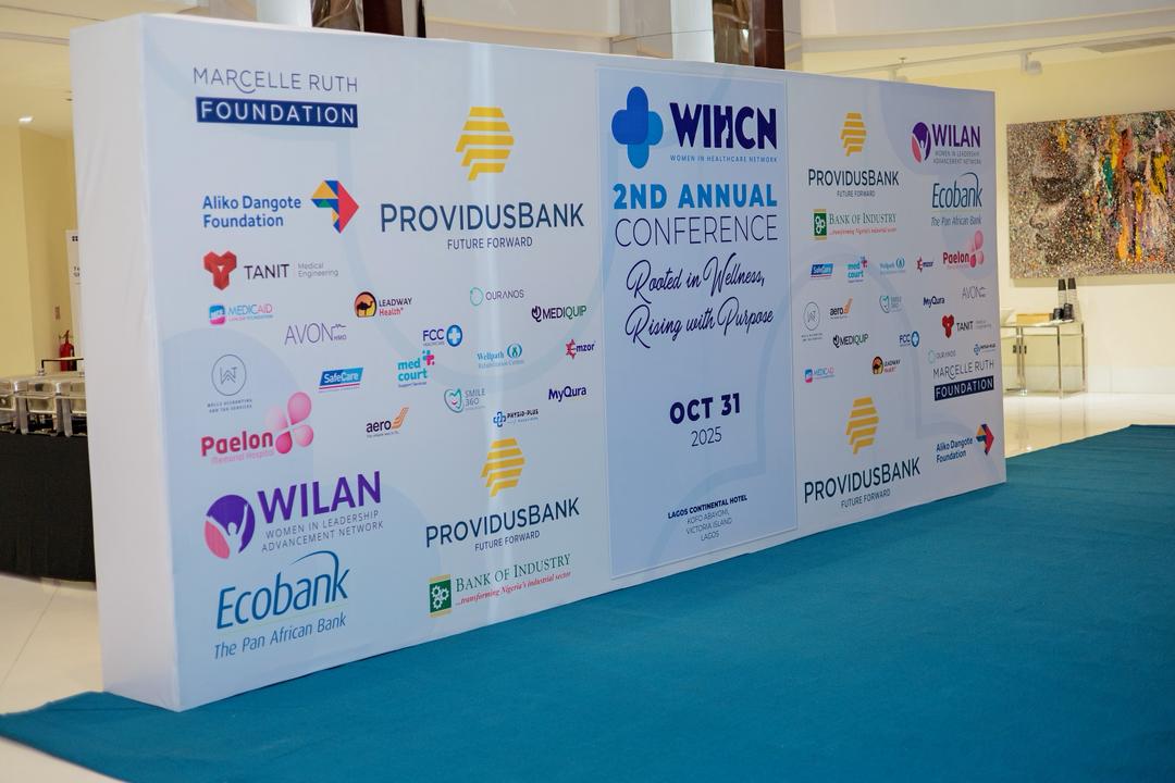 Banner for WIHCN 2nd Annual Conference on Oct 31, 2025, displaying logos of sponsors including ProvidusBank, Ecobank, WILAN, and Marcelle Ruth Foundation.