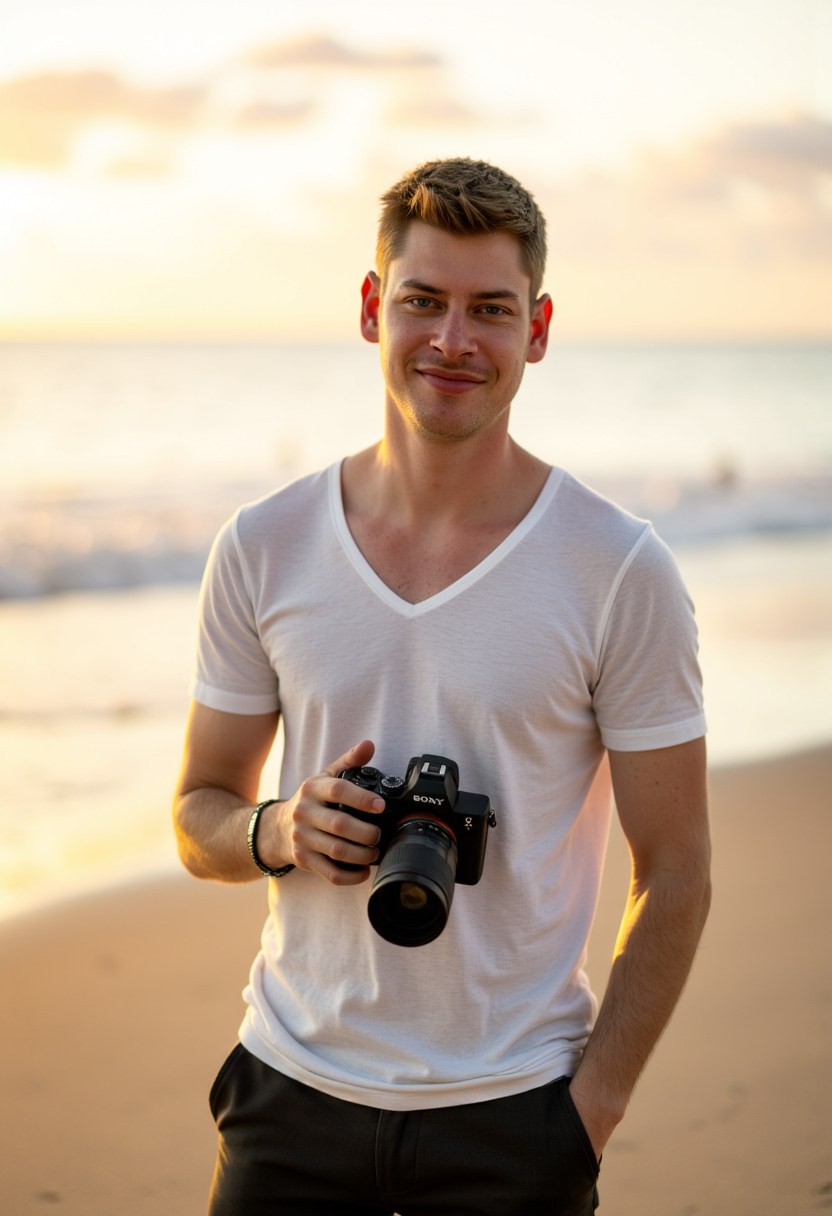 Portrait des Hochzeitsfotografen Patrick Troxler am Strand bei Sonnenuntergang, lächelnd mit seiner Sony Kamera. Keywords: Persönlicher und natürlicher Stil, Euer Hochzeitsfotograf in der Schweiz