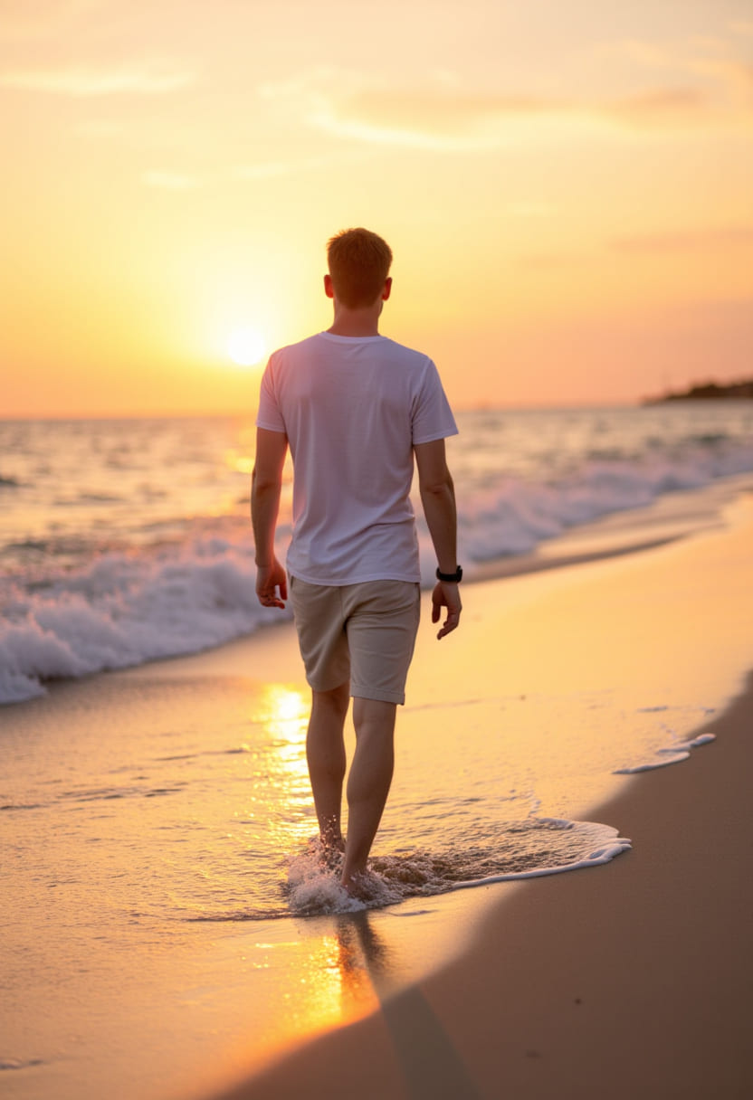 Authentisches und natürliches Lifestyle-Portrait des Hochzeitsfotografen Patrick Troxler bei einem Spaziergang am Strand im Sonnenuntergang. Betont den lockeren und persönlichen Stil.