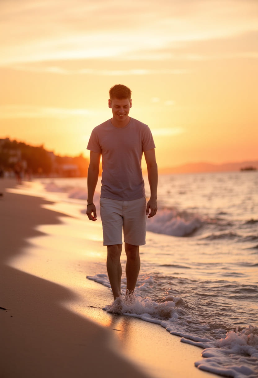 Authentisches und natürliches Lifestyle-Portrait des Hochzeitsfotografen Patrick Troxler bei einem Spaziergang am Strand im Sonnenuntergang. Betont den lockeren und persönlichen Stil.