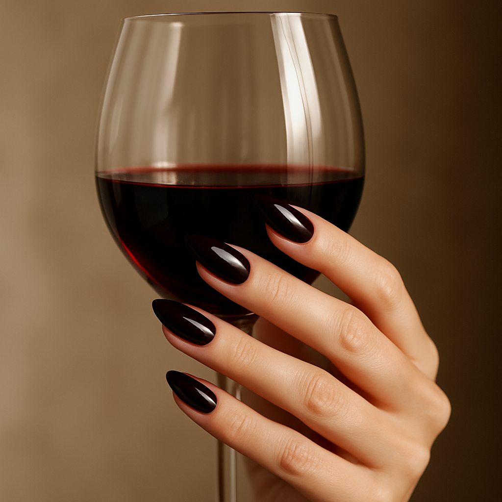 Chic hand with Black Cherry nail polish holding a glass of red wine — moody and elegant.