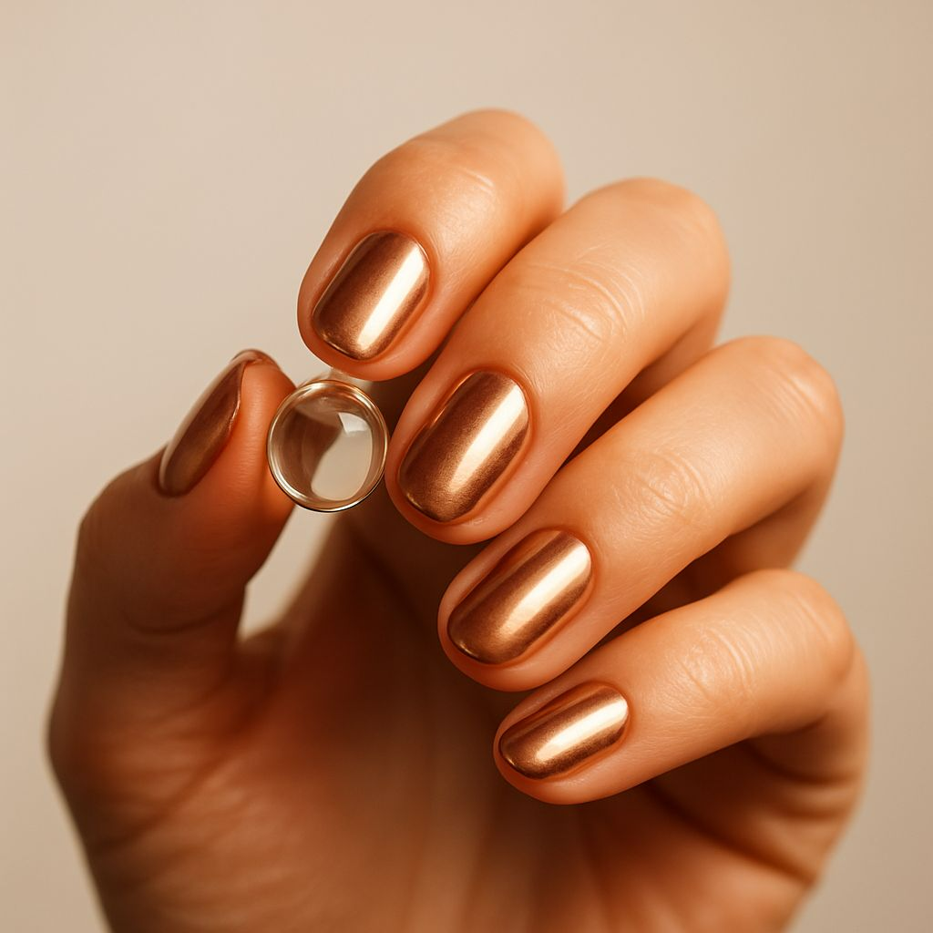 Metallic Rose Gold Dust polish on nails holding a shiny glass marble — subtle glamour.