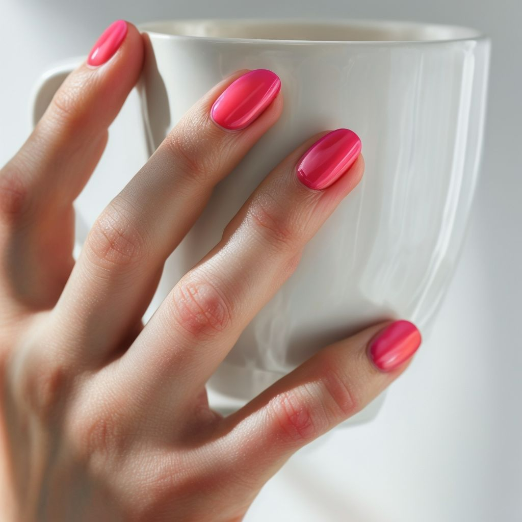Bright hot pink Fuchsia Vibe polish on a hand wrapped around a ceramic cup — playful and bold.