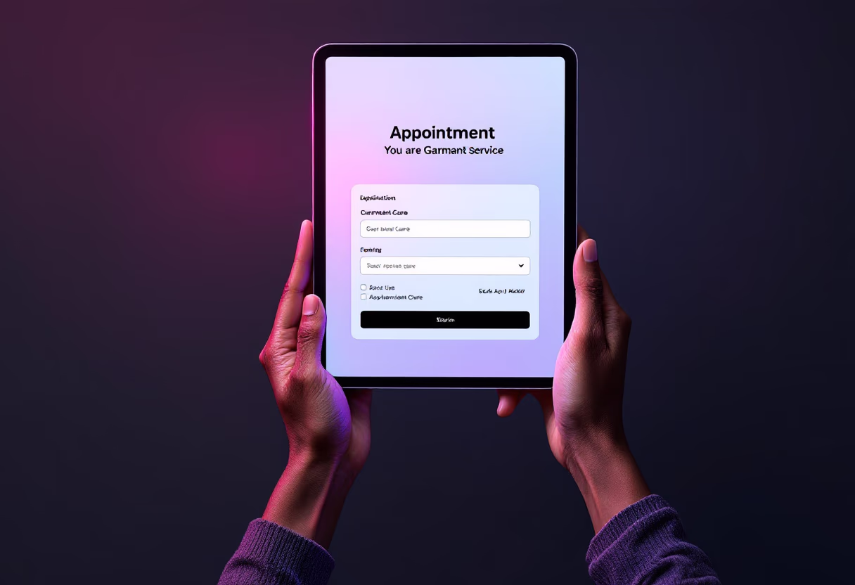 image of hands-on an appointment booking on a tablet (for a garment care service)