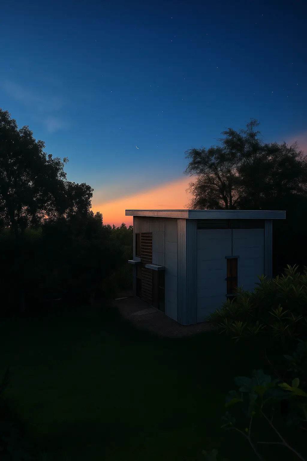 Small modern building surrounded by trees under a starry sky at sunset.