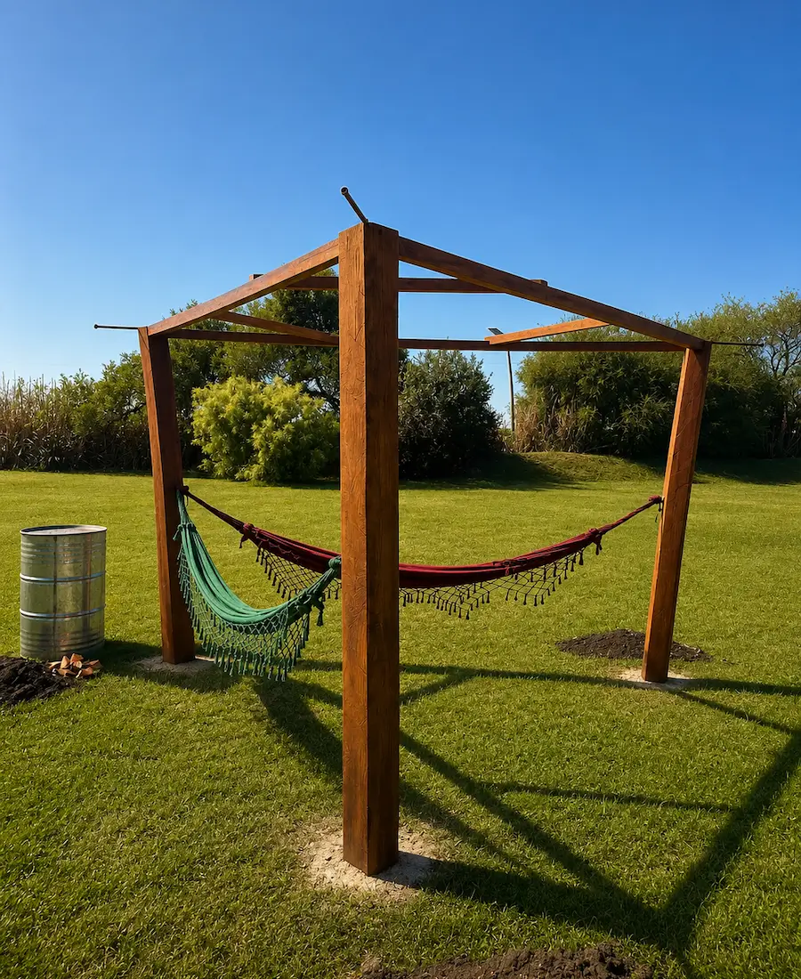 Wooden pergola structure with two hammocks, one green and one red, on a grass lawn under clear blue sky.
