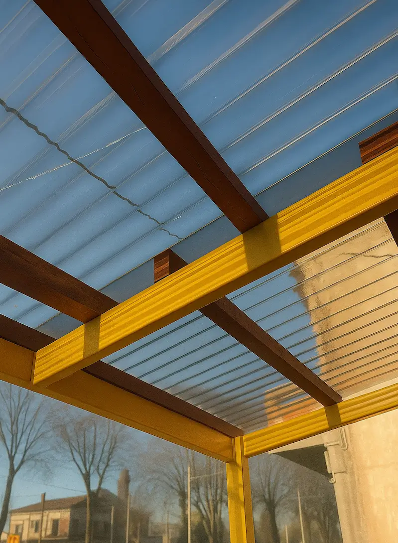 View of a translucent roof with yellow and brown support beams and bare trees outside.