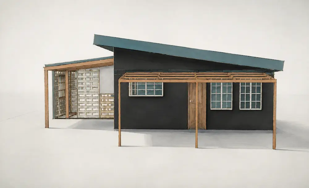 Modern small house with black walls, wooden door, windows, and a wooden pergola in front.