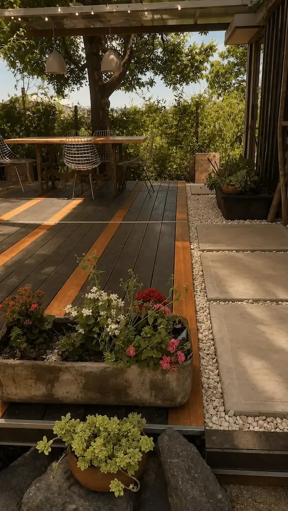Outdoor patio with wooden furniture, potted flowers, stone tiles, and greenery in the background.
