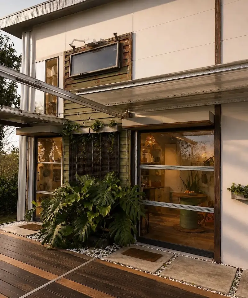 Modern house exterior with large plants, glass doors, wooden deck, and evening indoor lighting visible.