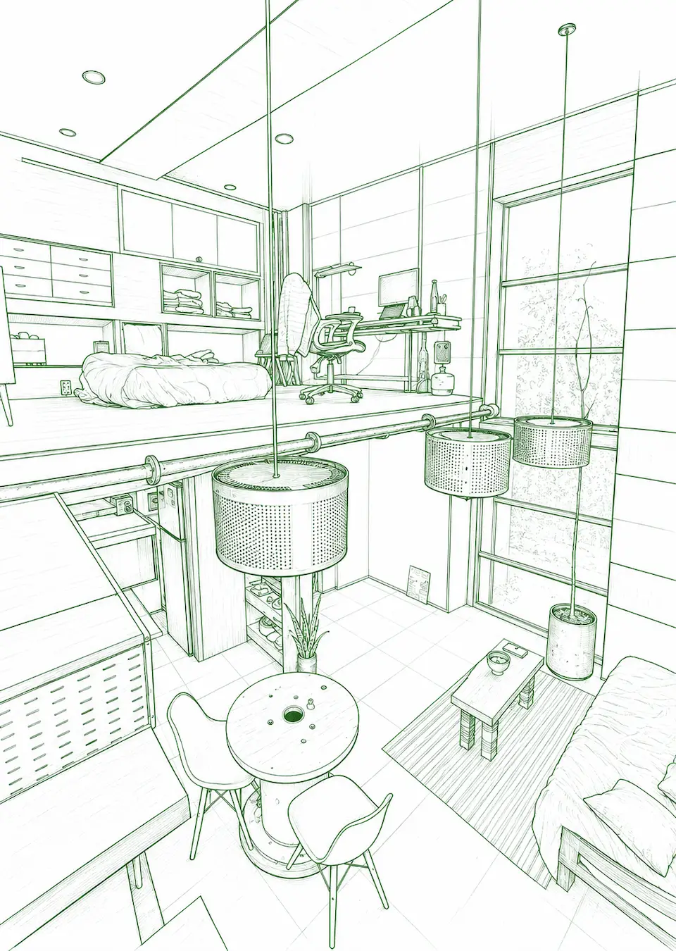 Sketch of a modern two-level living space with hanging lamps, table, chairs, sofa, loft bed, and workspace.