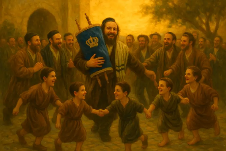 A community dancing with a sefer Torah showing their love for Torah and Hashem
