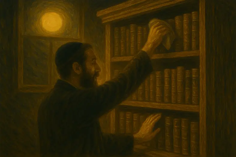 A man dusting off sefarim on a bookshelf in a shul.