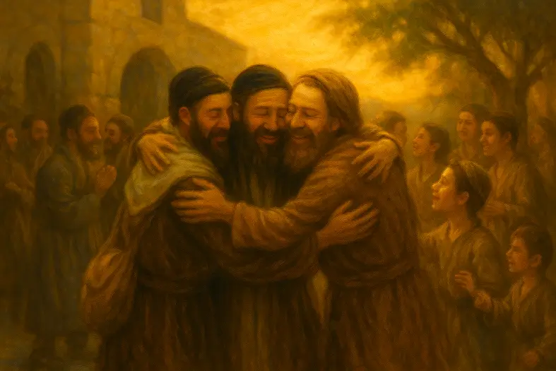 3 men embracing friendly with love for one another