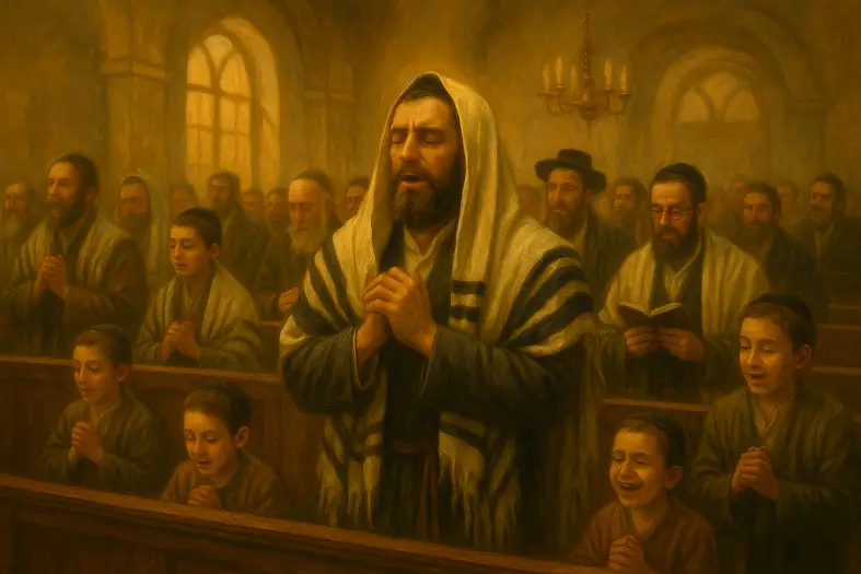 A man davening with deep kavanah in shul.