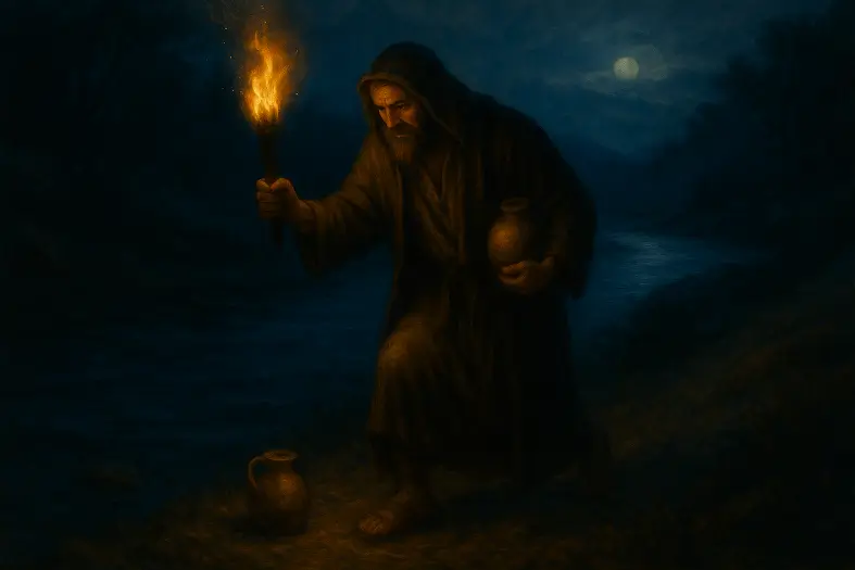 Yaakov collecting small vessels near the Jabbok River.