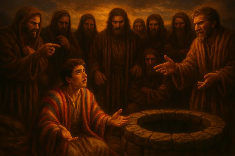 Yosef being judged by his brothers in front of the pit