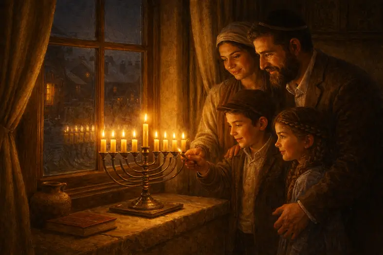 A family lighting Chanukah Menorah