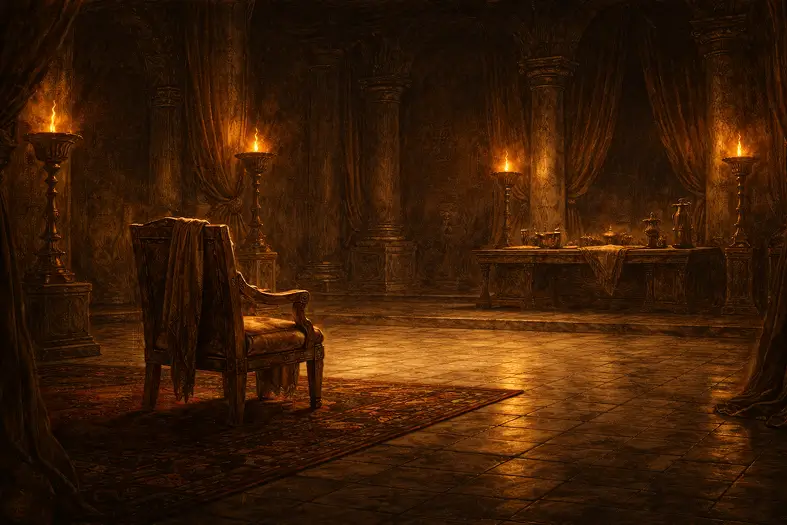 An empty room in Egyptian palace symbolizing power restrained.