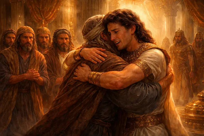 Yosef and Yehuda embrace after Yehudas Teshuvah
