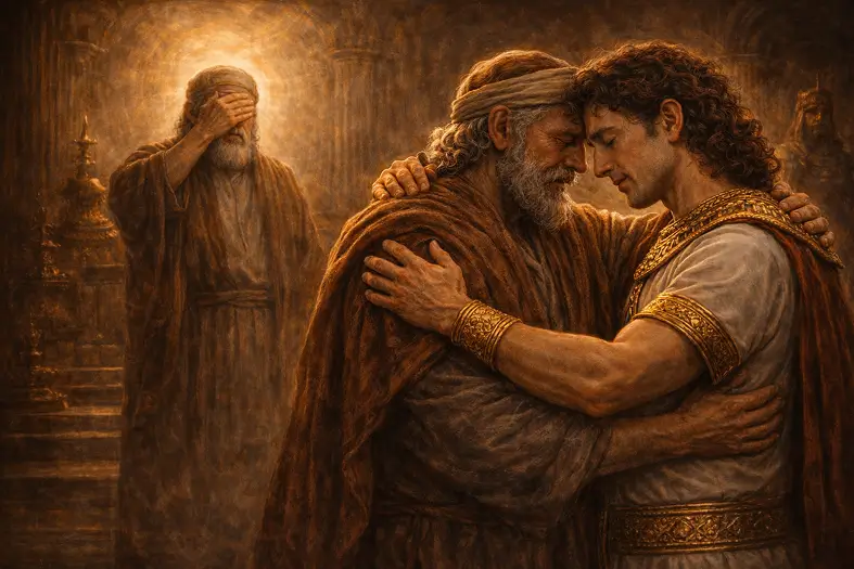 Yosef embracing Yaakov and Yaakov reciting Shema