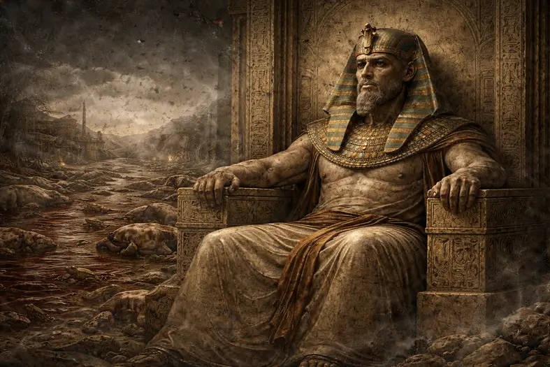 Pharaoh hardened of heart in a ruined throne room