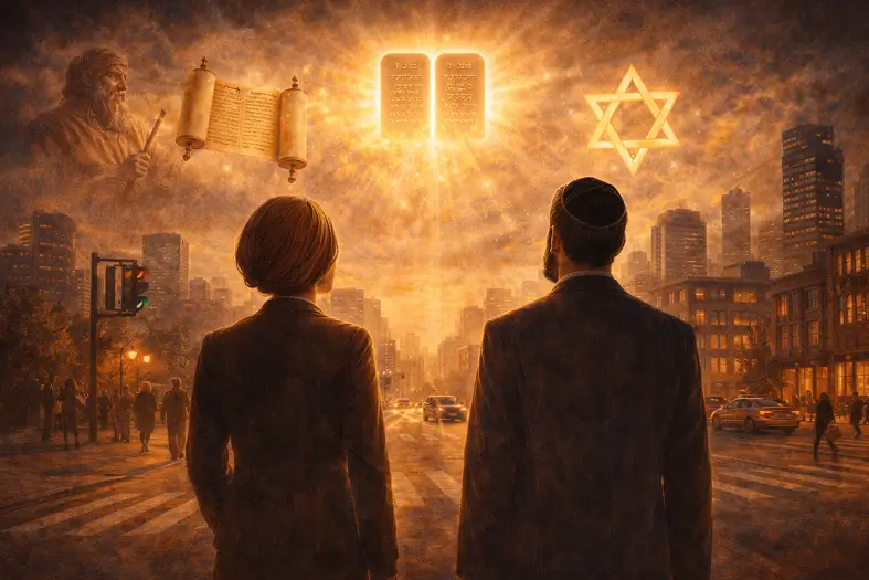 Jewish symbols above a modern city