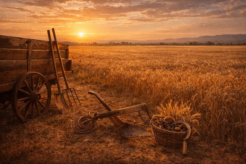 An empty agricultural field with equipment not in use