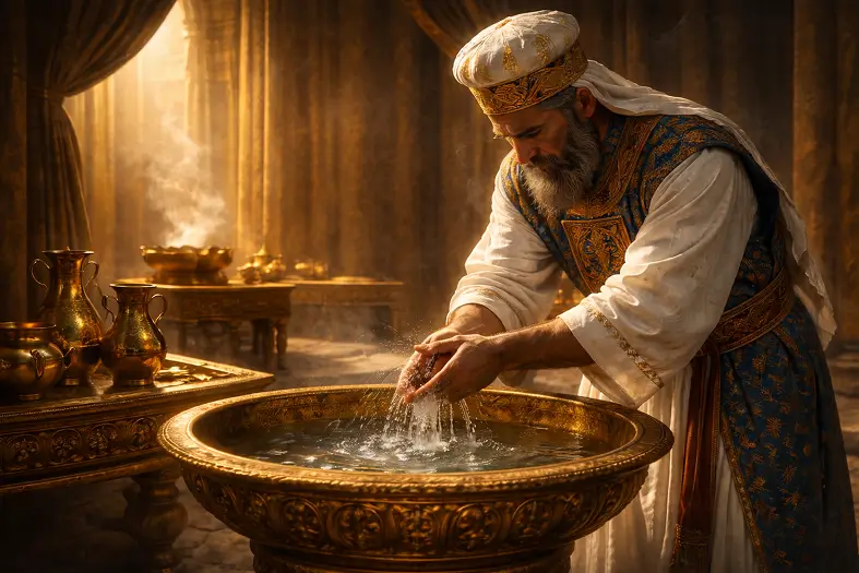 Kohen washing in the Kiyor before service