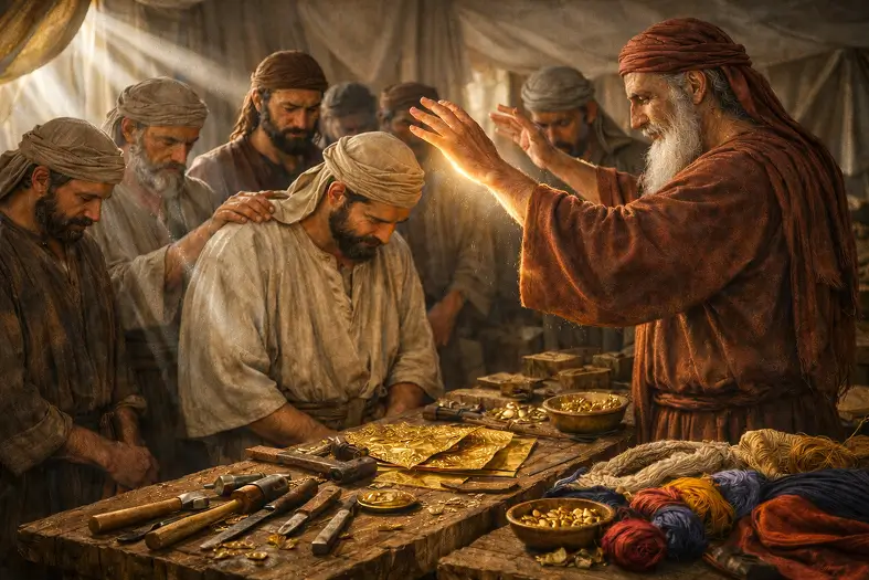 Moshe blessing Betzalel and the artisans