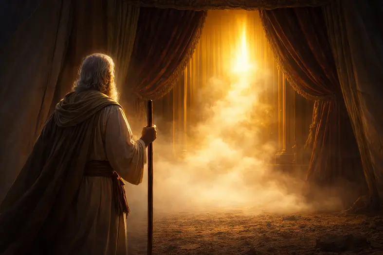 Moshe at the entrance of the Mishkan