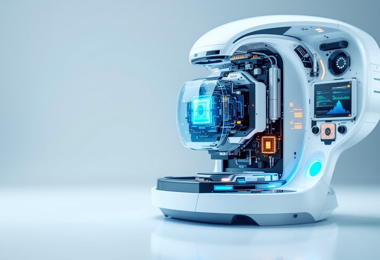 image of advanced ai-driven diagnostic machines in operation in a futuristic ai biotech company lab