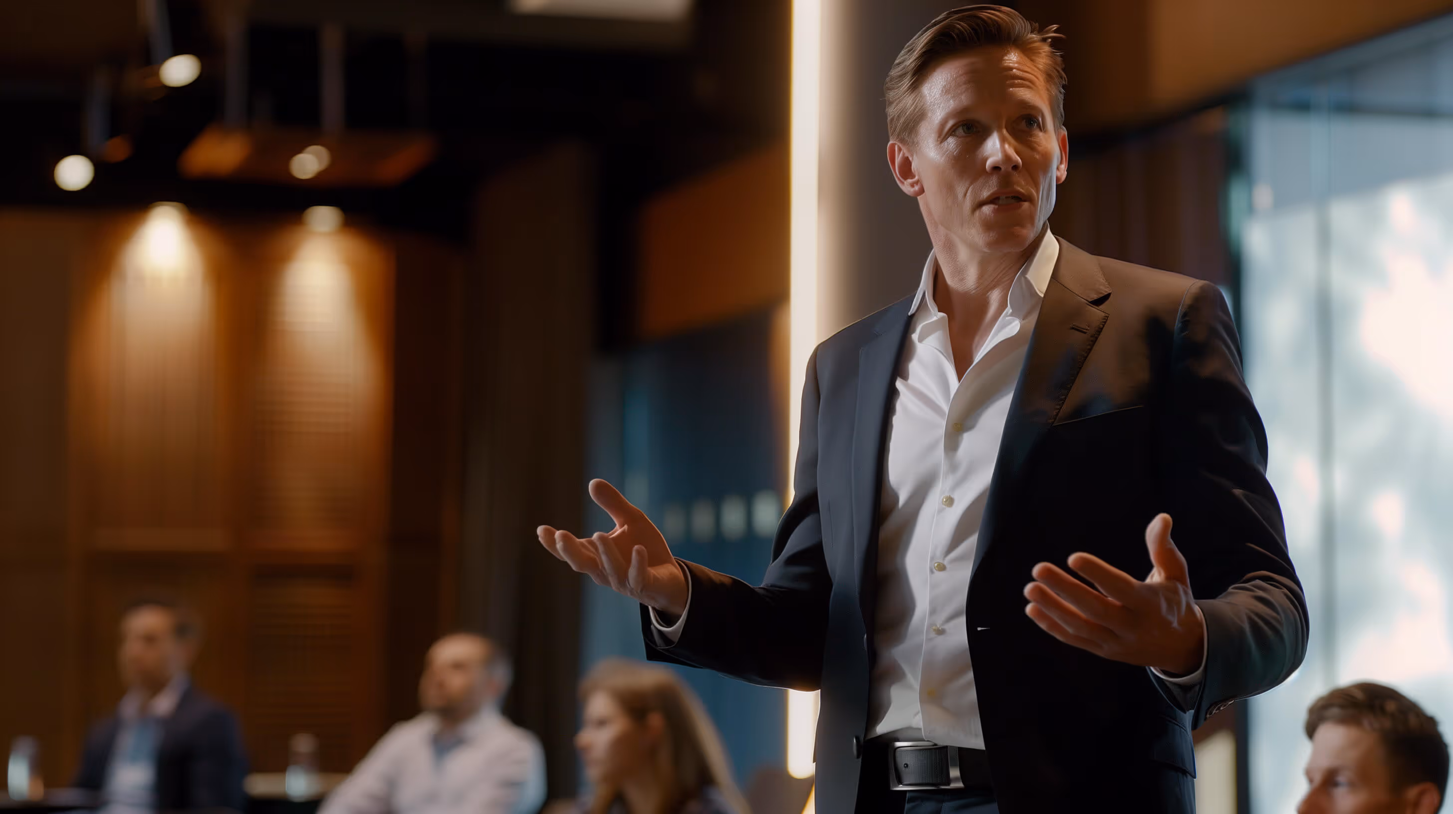 A man in a suit standing in front of a group of people.