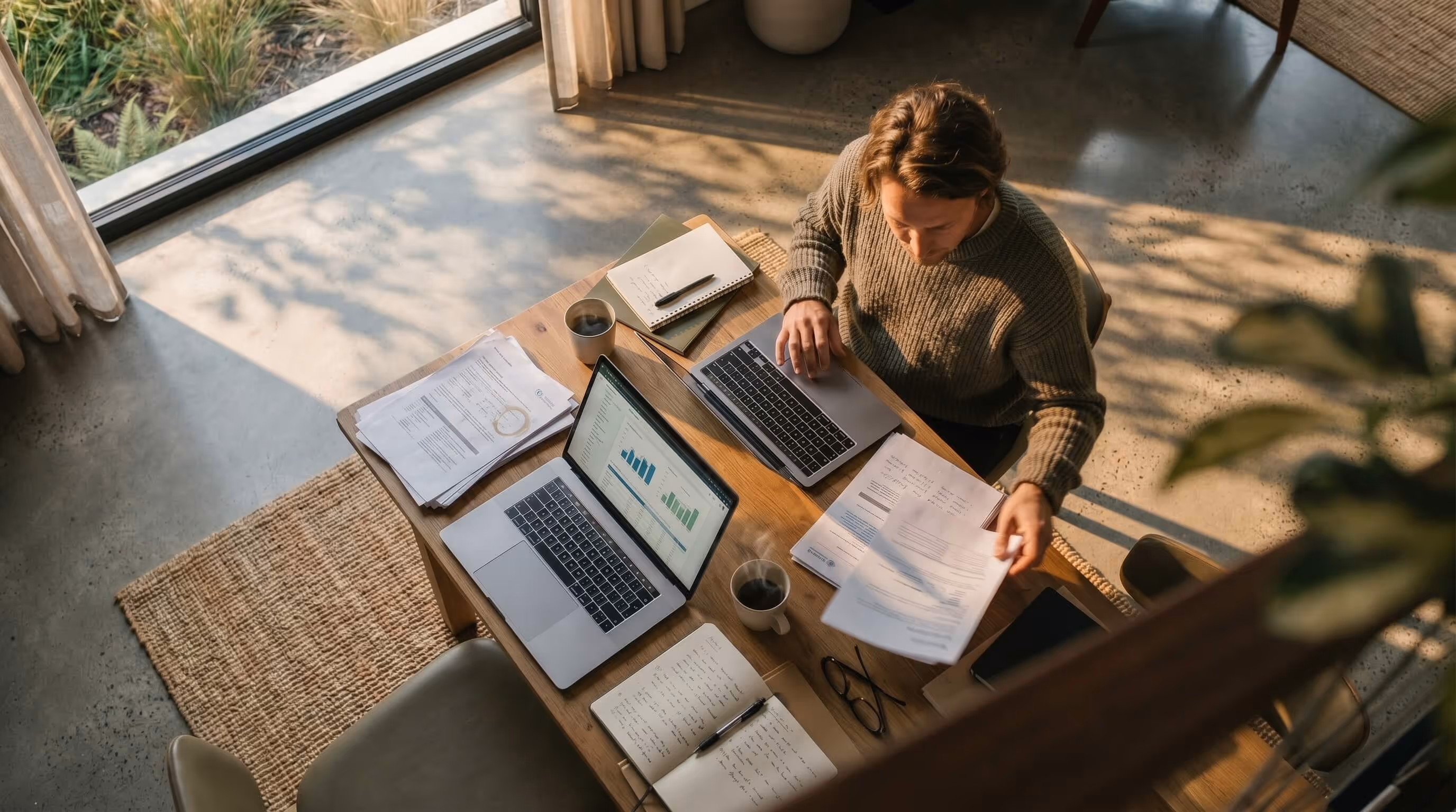 Man working at a wooden table with two laptops, documents, notebooks, and coffee mugs in a sunlit room.