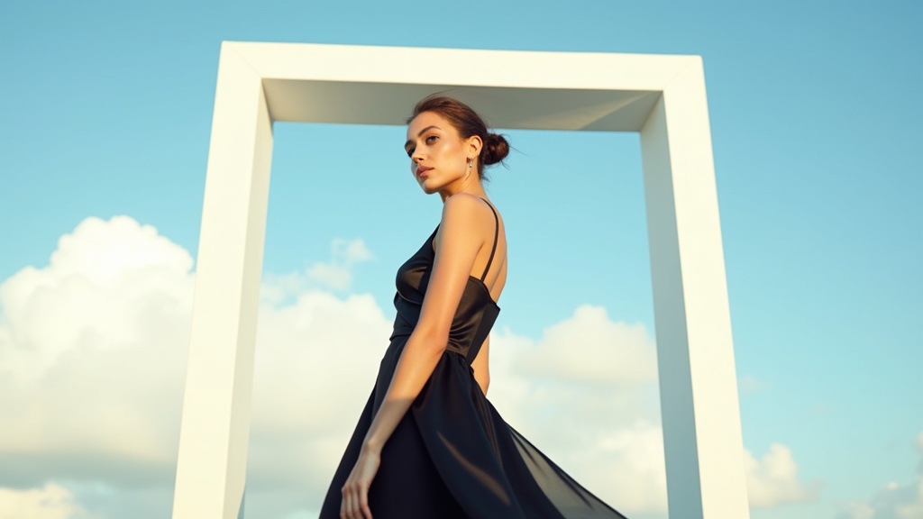 Model posing inside a gold frame surrounded by clouds