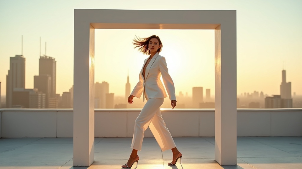 Fashion-forward editorial with a model on rooftop in front of a white frame