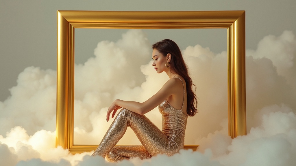 Model posing inside a gold frame surrounded by clouds - eyes closed