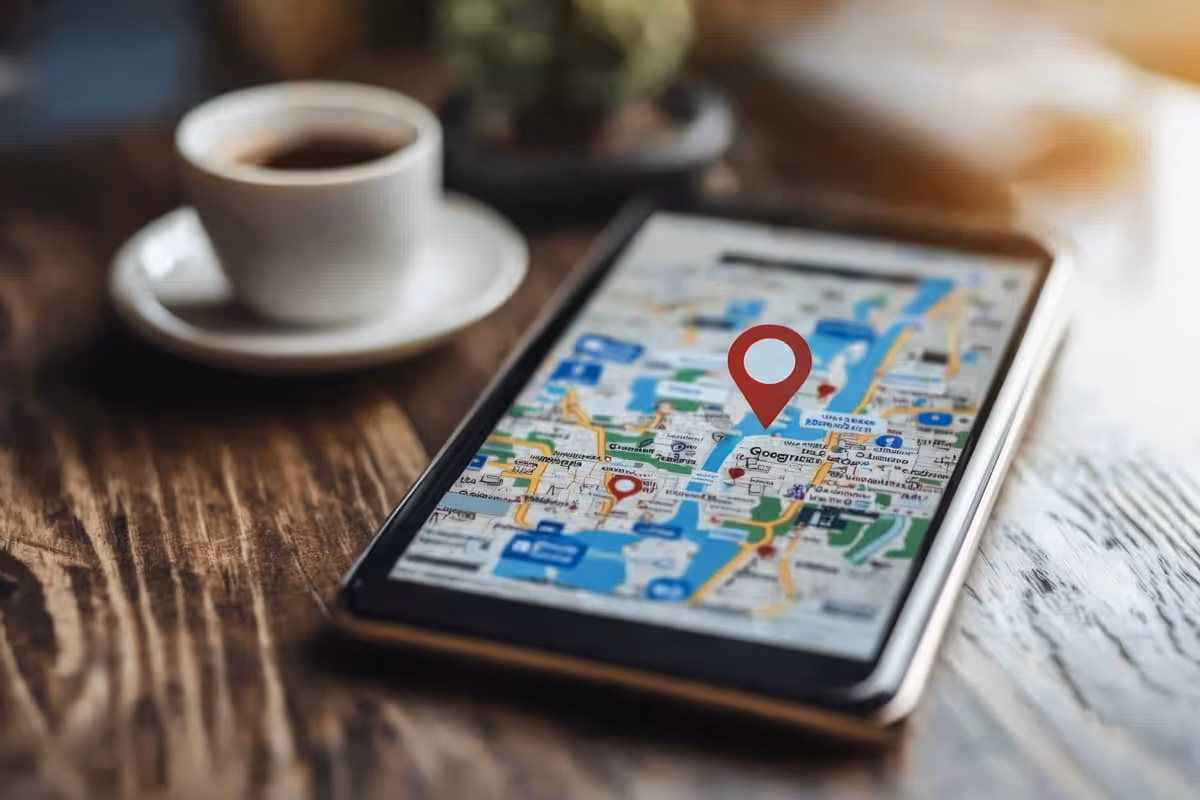 Google Maps op een tablet met een kopje koffie op een houten tafel in de buurt van de werkplek.