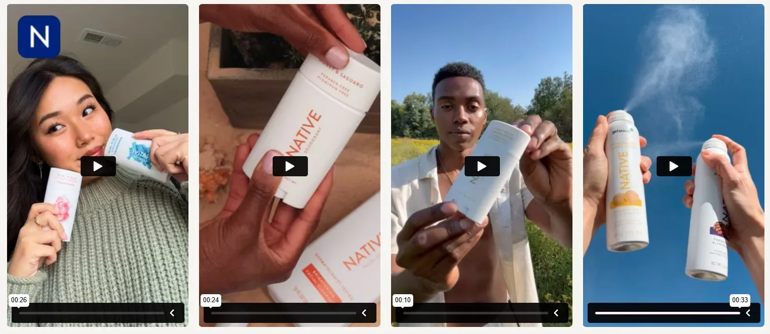 Creator-led product visuals showcasing Native deodorant in various settings.