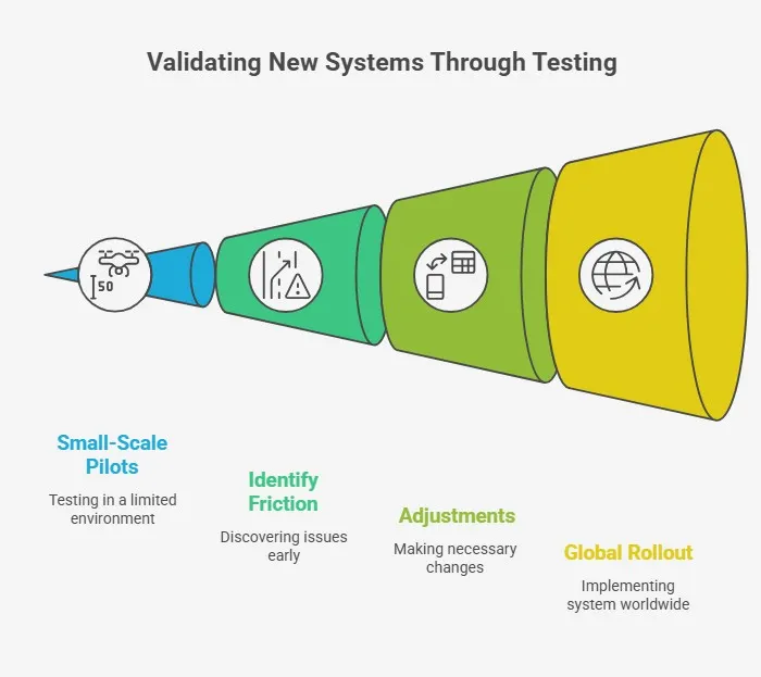 Diagram showing pilot testing steps from small-scale tests to global rollout.