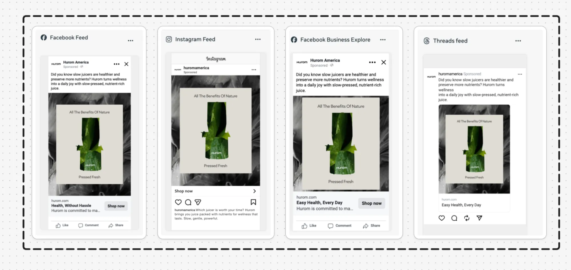 Example of a paid social creative adapted across Facebook Feed, Instagram Feed, Facebook Business Explore, and Threads placements.