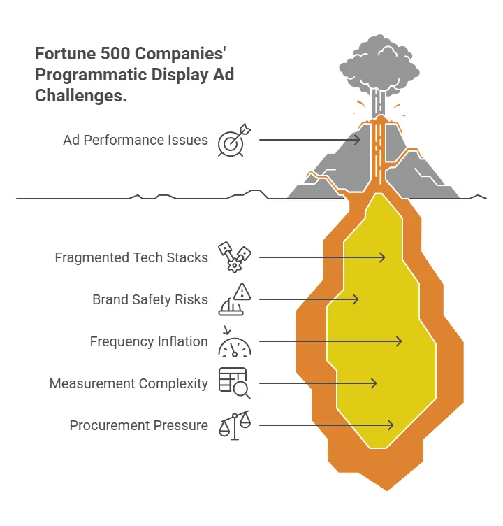 Infographic showing challenges in programmatic display advertising including ad performance issues, fragmented tech stacks, brand safety risks, frequency inflation, and measurement complexity.