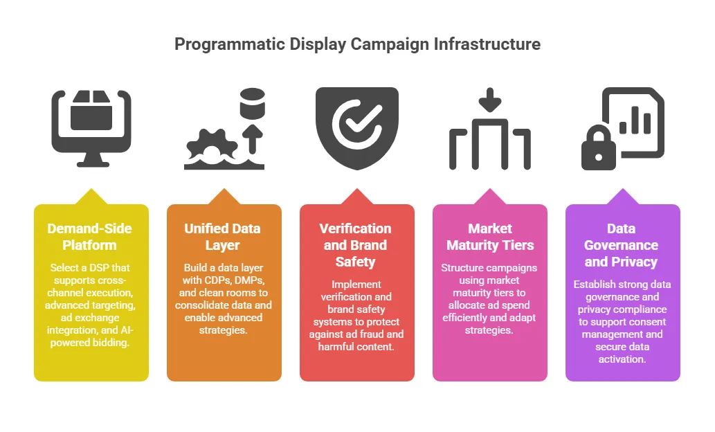 Infographic outlining programmatic display infrastructure including demand-side platforms, unified data layer, brand safety verification, market maturity tiers, and data governance.