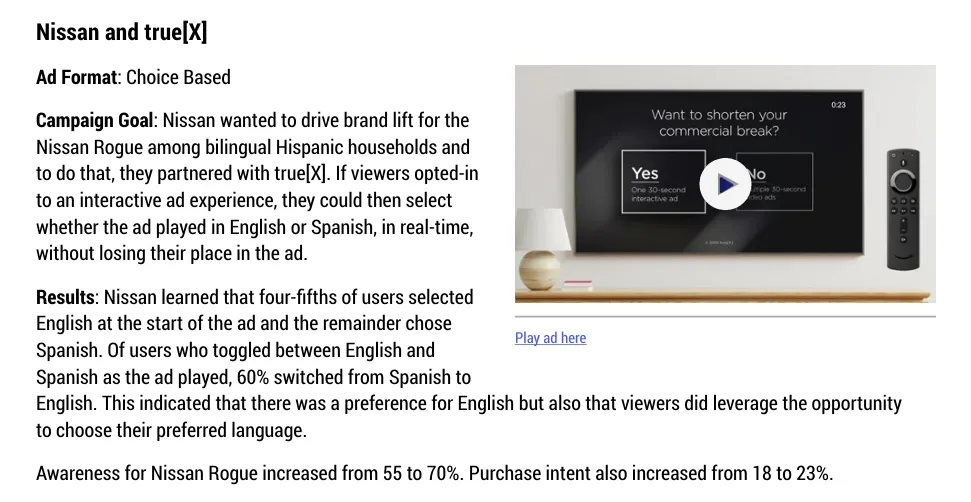 Case study showing Nissan’s interactive CTV ad campaign with true[X], allowing viewers to choose ad language and improving brand awareness and purchase intent.